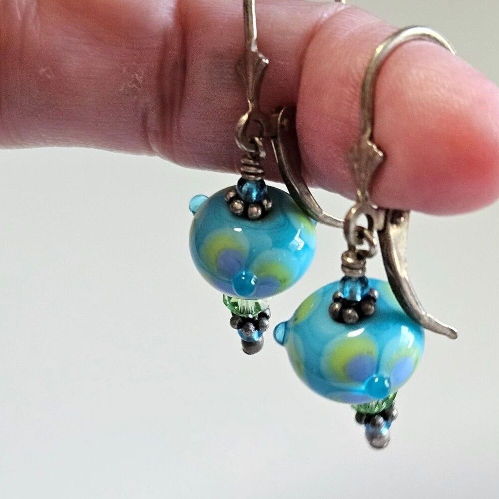 Silver Tone Blue Yellow Purple Glass Beaded Dangling Earrings